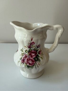 Floral Ceramic Pitcher - Cream with Pink Rose Motif
